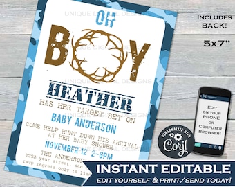 Hunting Baby Shower Invitation, Editable Hunting Baby Boy Invite Oh Deer Baby Shower Printable Hunting Theme, Camo Baby INSTANT ACCESS 5x7