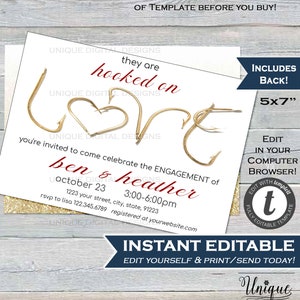 Hooked on Love Engagement Party, Editable Fishing Wedding Party, Hooked for life Married Wedding Printable Personalized INSTANT EDITABLE 5x7
