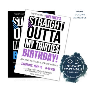 Straight Outta My Thirties Birthday Party Invitation, Editable 40th Birthday Invite Straight Out of 30s Adult Party Digital Template INSTANT