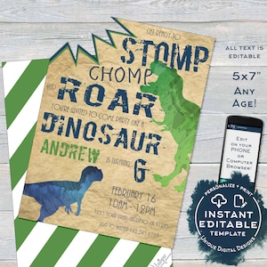 May include: A printable dinosaur birthday party invitation with a green and blue dinosaur silhouette on a brown background. The text reads "Get ready to Stomp, Chomp, Roar! You're invited to come party like a Dinosaur. Andrew is turning 6. February 16, 10am-12pm, 1223 Your Street, San Diego, CA 91223. RSVP to Heather 122.545.6789".