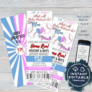 Gender Reveal Invitation, Editable Baby Baseball Ticket Invite, Baby Shower He or She Team Blue Team Pink, Custom Printable INSTANT ACCESS