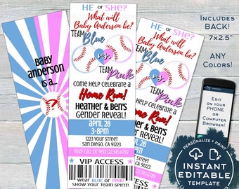 Gender Reveal-Einladung, bearbeitbare Baby-Baseball-Ticket-Einladung, Babyparty für ihn oder sie, Team Blue, Team Pink, individuell druckbarer SOFORTZUGANG