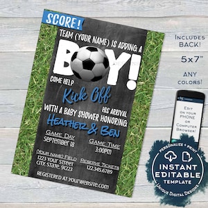 Soccer Baby Shower Invitation, Editable Baby Sprinkle Baby Boy Invite, Team Score Goal Chalkboard, Printable Thank You INSTANT ACCESS 5x7