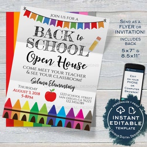 Back to School Open House Invitation Meet your Teacher PTA Invite Crayon School Flyer Digital Printable Template INSTANT EDITABLE 5x7 8.5x11