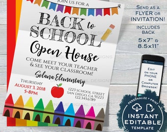 Back to School Open House Invitation Meet your Teacher PTA Invite Crayon School Flyer Digital Printable Template INSTANT EDITABLE 5x7 8.5x11