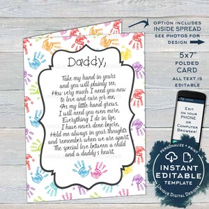Carte de fête des pères personnalisée par enfant, cadeau de dernière minute modifiable pour papa, poème Hold My Hand imprimé à la main, impression personnalisée, accès instantané