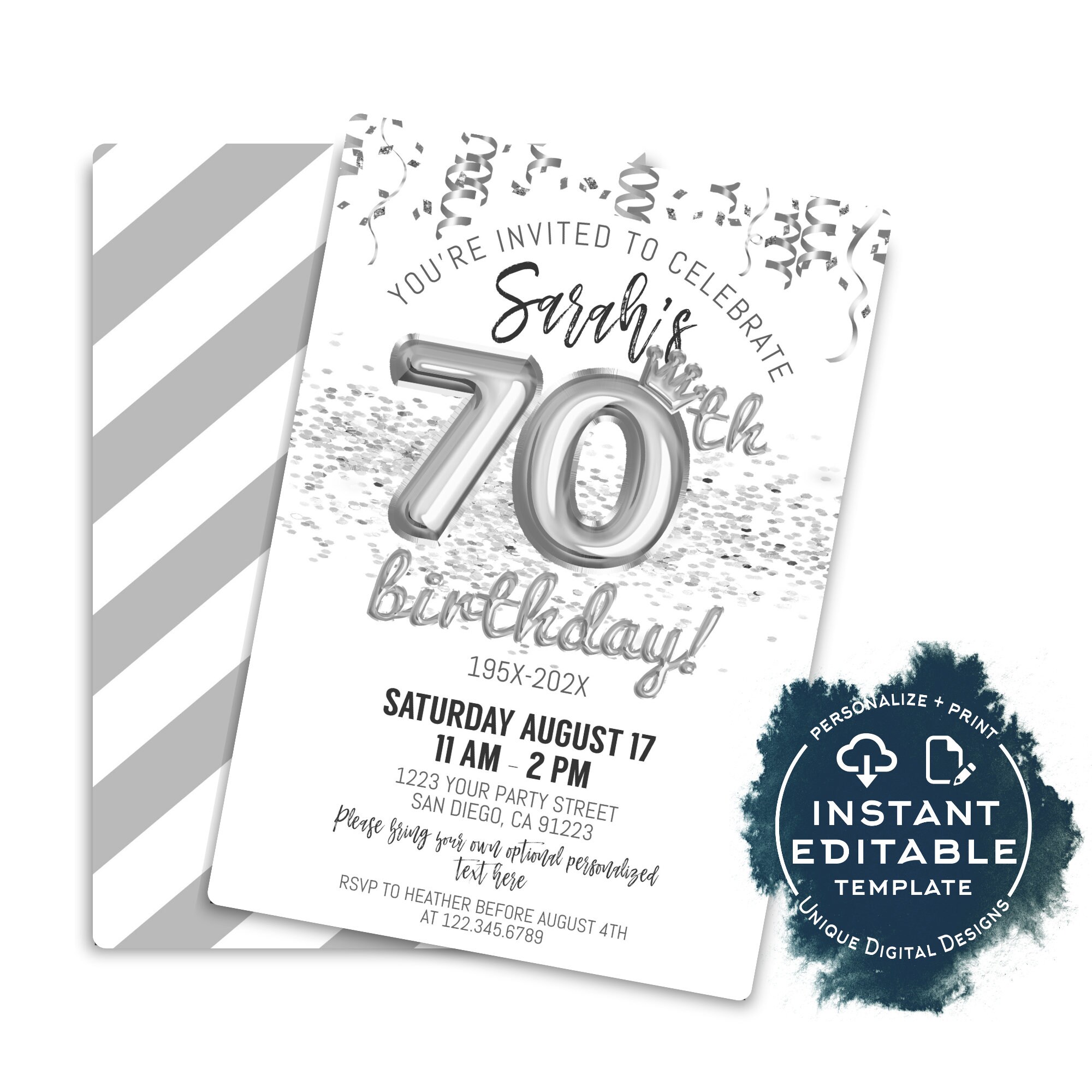 Editable 70th Birthday Invitation With Photo, Platinum Birthday