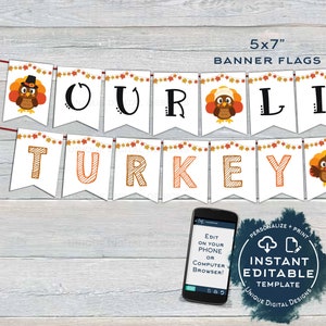 May include: Thanksgiving banner flags spelling "OUR TURKEY" with turkey illustrations and fall leaves. The banner is 5x7 inches. A smartphone displays editing instructions. The design is an instant editable template.