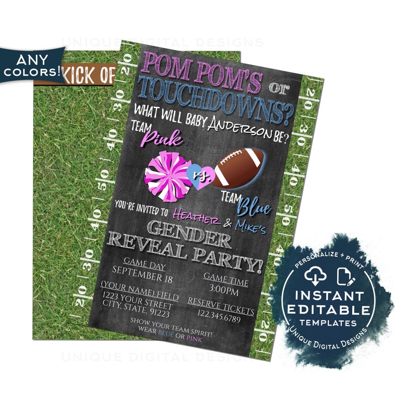 Football Gender Reveal Invitation Kit, Editable Pom Poms or Touchdowns Ticket Invite, He or She Printables, Team Blue Team Pink Baby INSTANT image 3