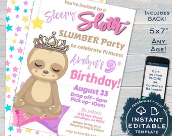 Cute Sloth Slumber Party Invitation, Editable Sloth Sleepover Invite, Sloth Sleep over Birthday Princess, ANY Age Printable INSTANT ACCESS