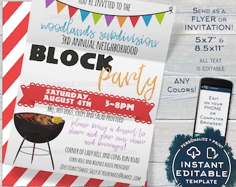 Block Party Invitation Template, Editable Backyard Summer BBQ Grill Out, Neighborhood Street Party, diy Printable Template INSTANT ACCESS