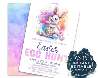 Easter Egg Hunt Invite, Editable Easter Invite, Watercolor Birthday Party Hoppy Easter Bunny, Personalized Phone Custom Print INSTANT