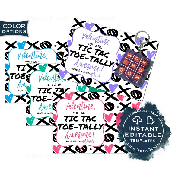 Valentine s Gift Tags Editable Tic Tac Toe tally Toy Keychain