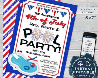 Editable 4th of July Pool Party Invitation, Summer Red White & Pool Party, July 4th Pool Birthday party Firework Printable INSTANT ACCESS