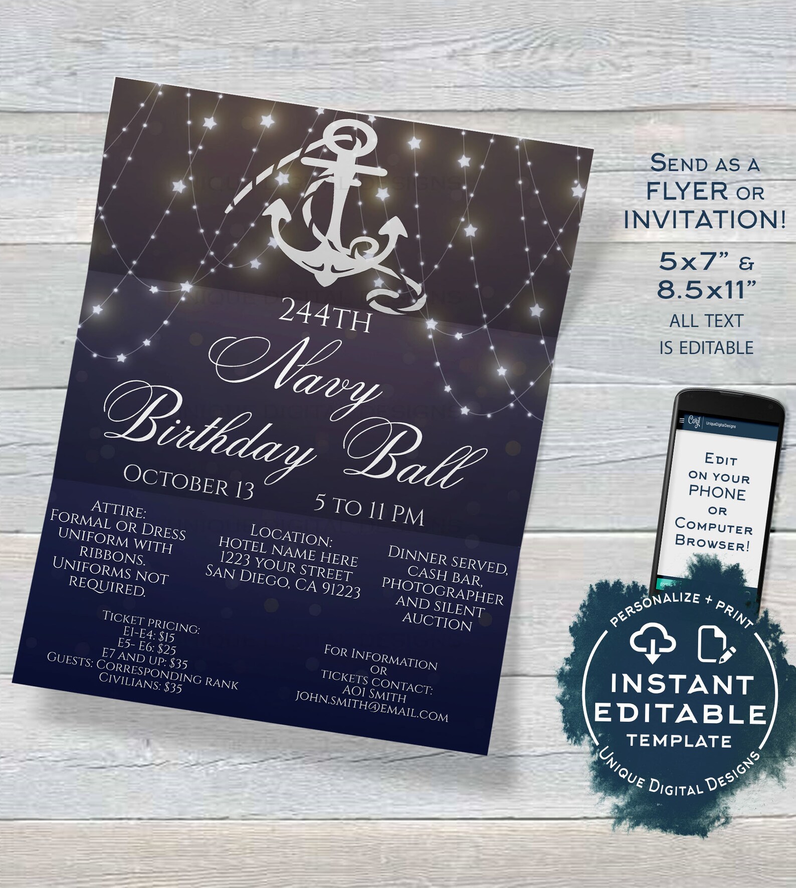 Military Ball Flyer Navy Birthday Ball Invitation Editable Etsy