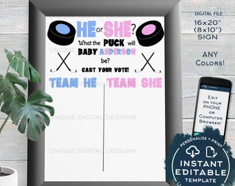 Hockey Gender Reveal Party Cast your Vote Sign, Editable Hockey Sign He or She What the Puck will Baby Be Digital Printable INSTANT ACCESS