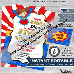 Editable Superhero Invitation, Wonder Party Invite, Super Birthday Invite ANY Age Supergirl, Digital Printable Template INSTANT ACCESS 5x7 image 7