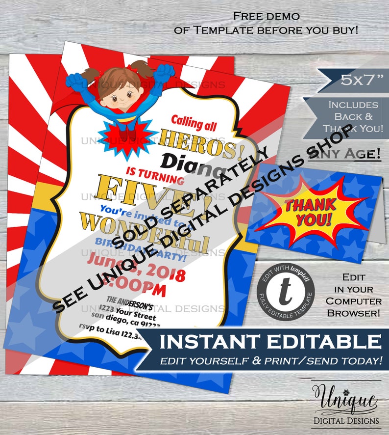 Editable Superhero Invitation, Wonder Party Invite, Super Birthday Invite ANY Age Supergirl, Digital Printable Template INSTANT ACCESS 5x7 image 7