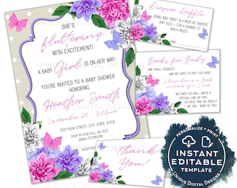 Editable Butterfly Baby Shower Invitation Kit, Lilac Baby Girl Floral Dahlia Flower, Personalized Baby Sprinkle Printable INSTANT ACCESS