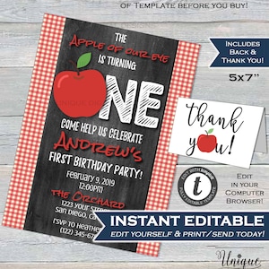 Apple of my eye 1st Birthday Invitation, Editable First Birthday Invite, Apple of Our Eye Chalkboard Printable Template INSTANT ACCESS 5x7