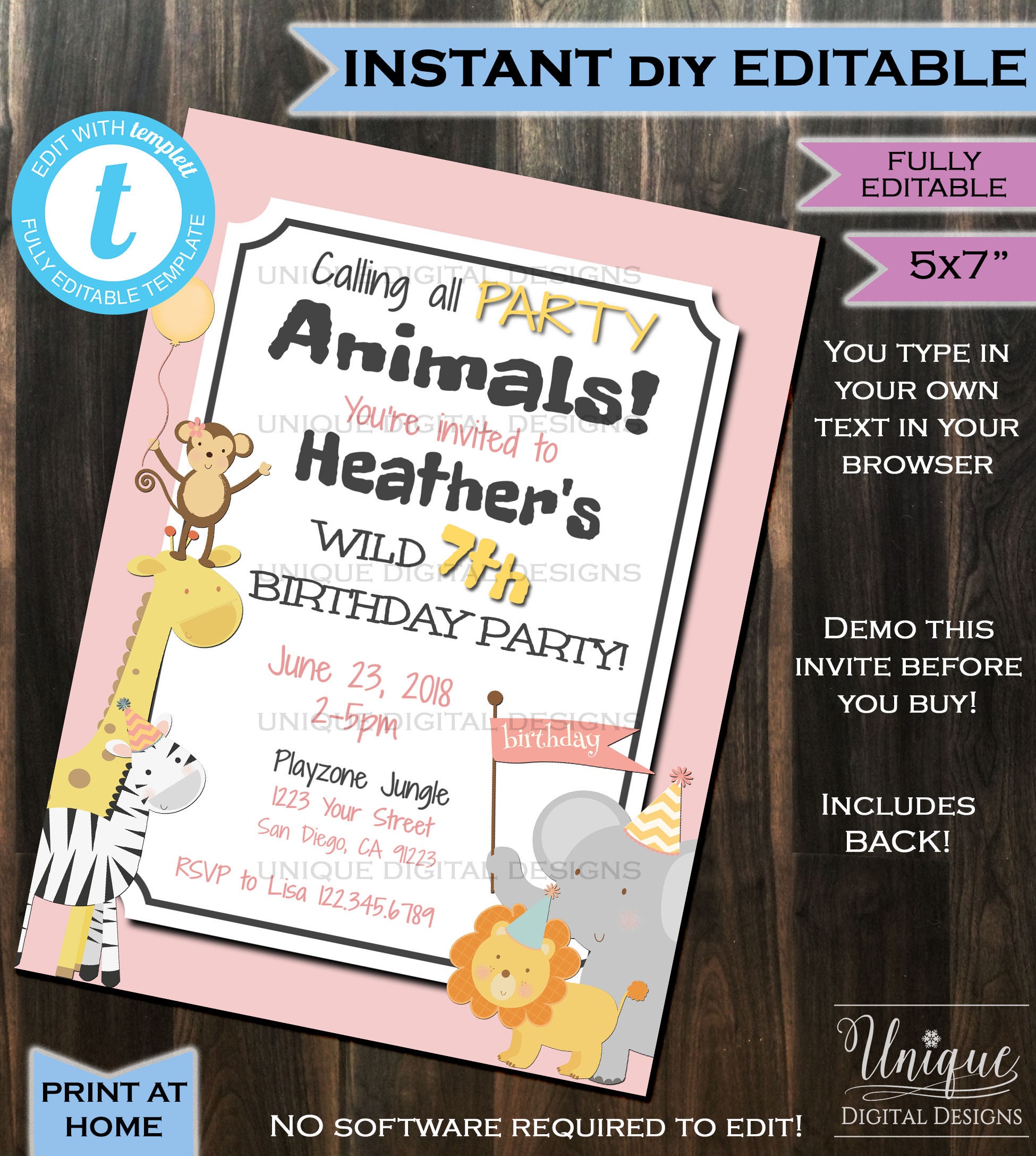 Party Animal Invitation Zoo Animal Birthday Invite Wild Child | Etsy Party Animal Invitation Zoo Animal Birthday Invite Wild Child | Etsy