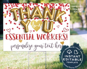Thank You Essential Workers Yard Sign, Editable Nurse Appreciation Week Drive by Poster, Staff Quarantine Banner Printable Template INSTANT