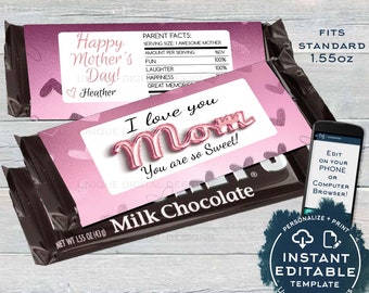 Personalized Mother's Day Gift Candy Bar Wrapper, Editable Mom Appreciation Chocolate Bar, Mum Day Custom, Printable INSTANT ACCESS 1.55oz