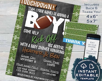 Football Baby Shower Invitation, Editable Baby Sprinkle Baby Boy Invite, Touchdown Chalkboard, diy Printable Thank You INSTANT ACCESS USFT