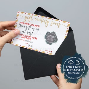 2024 Verzögertes Geschenk kommt bald Zertifikat, bearbeitbarer Weihnachtsdruckbarer Geschenkgutschein, Geschenk ist auf dem Weg Mail Late Gift, lustige Karte INSTANT