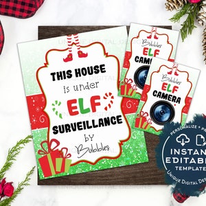 Kit de vigilancia de elfos editable, señal de "Esta casa está bajo vigilancia de elfos", accesorios de elfos navideños personalizados, imprimibles de cámara ACCESO INSTANTÁNEO