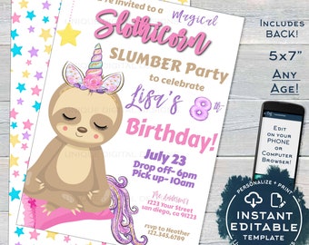 Slothicorn Invitation, Editable Unicorn Slumber Party, Girls Sloth Sleepover Birthday Sloth-icorn, ANY Age Custom Printable INSTANT ACCESS
