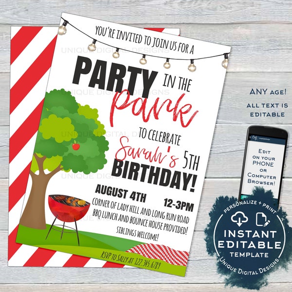 Editable Party in the Park Invitation Template, Picnic Birthday Party, Backyard Summer BBQ Grill Out Neighborhood Printable INSTANT ACCESS