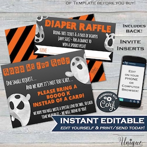 Billet de tombola pour les couches + livres pour faire-part de fête prénatale, carte modifiable d&#39;insertion de fête de naissance pour Halloween fantôme imprimable ACCÈS INSTANTANÉ