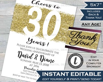 30 year Anniversary Invitation Thirtieth Wedding Anniversary Pearl 30th Surprise Party Invite Custom Printable Template INSTANT EDITABLE 5x7