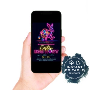 Glow in the Dark Egg Hunt, Editable Easter Egg Hunt Invite, Neon Birthday Party Hoppy Easter Bunny, Personalized Phone Custom Print INSTANT image 3
