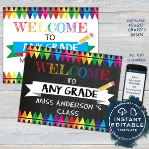 Bem-vindo à placa do quadro-negro da escola, professor editável Primeiro dia do quadro escolar Crayon Qualquer série DIY modelo digital para impressão ACESSO INSTANTÂNEO