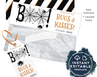 Editable Halloween Favor Tags, Bugs and Kisses Personalized Halloween Tags Trick or Treat Thank You Printable, Loot Bag Topper Gift INSTANT