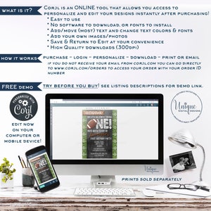 May include: A computer screen displaying a football-themed birthday invitation design. The invitation is green and black with a football and the text "Touchdown! Our little all star is turning one! You're invited to kick off Andrew's first birthday party!" The screen is on a wooden desk with a lamp and a phone displaying the same invitation design.