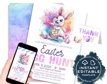 Easter Egg Hunt Invite Kit, Editable Easter Invite, Watercolor Birthday Party Hoppy Easter Bunny, Personalized Phone Custom Print INSTANT