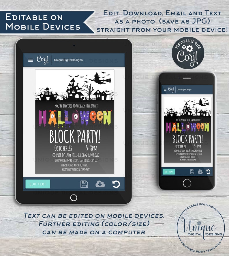 May include: A digital Halloween Block Party invitation displayed on a tablet and smartphone. The invitation features a spooky house silhouette, the word "Halloween" in colorful letters, and event details. Text states the invitation is editable on mobile devices.