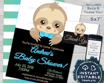 Sloth Baby Shower Invitation, Editable Boys Sloth Baby Shower Invite, Slow Down Baby Sloth, Custom Printable Template INSTANT ACCESS 5x7