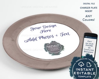 Custom Charger Plate Inserts, Editable Menu Cards, Weddings, Bridal Showers, Baby Shower Parties Digital Personalized diy INSTANT ACCESS 8in