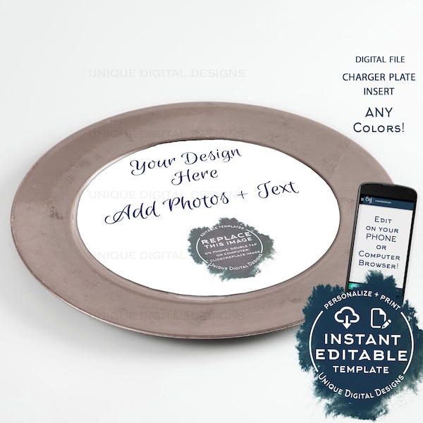 Custom Charger Plate Inserts, Editable Menu Cards, Weddings, Bridal Showers, Baby Shower Parties Digital Personalized diy INSTANT ACCESS 8in