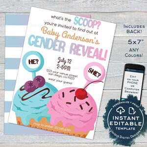 Ice Cream Gender Reveal Invitation, Editable Whats the Scoop Gender Reveal Invite Will Baby be He or She Printable Template INSTANT ACCESS