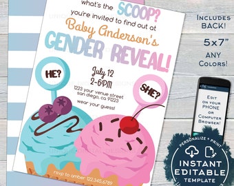 Ice Cream Gender Reveal Invitation, Editable Whats the Scoop Gender Reveal Invite Will Baby be He or She Printable Template INSTANT ACCESS