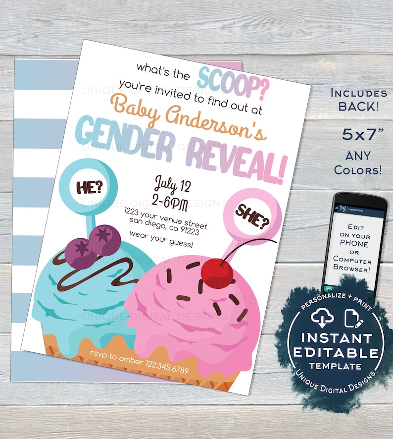 Editable Whats the Scoop Gender Reveal Invite Will Baby be He or She Printable Template INSTANT ACCESS Ice Cream Gender Reveal Invitation