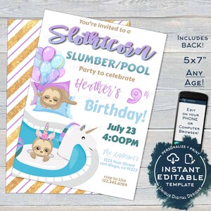 Sloth Sleepover Pool Party Invitation, Slothicorn Editable Unicorn Slumber Party, Sloth-icorn Birthday, ANY Age Printable INSTANT ACCESS