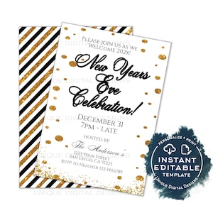 Editable New Years Eve Invitation, Personalized New Year Celebration Invite, New Years Eve Party Glitter Champagne Printable INSTANT ACCESS