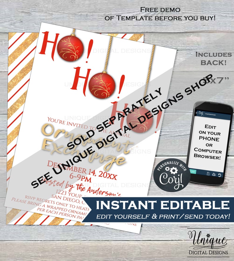Ho Ho Ho Editable Ornament Swap Invite Holiday Party Decoration Gift Printable INSTANT ACCESS 5x7 Christmas Ornament Exchange Invitation