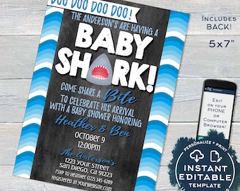 Baby Shark Baby Shower Invitation, Editable Boy Baby Shark doo doo Shark Bite Invite, Shark Week Custom Printable Template INSTANT ACCESS